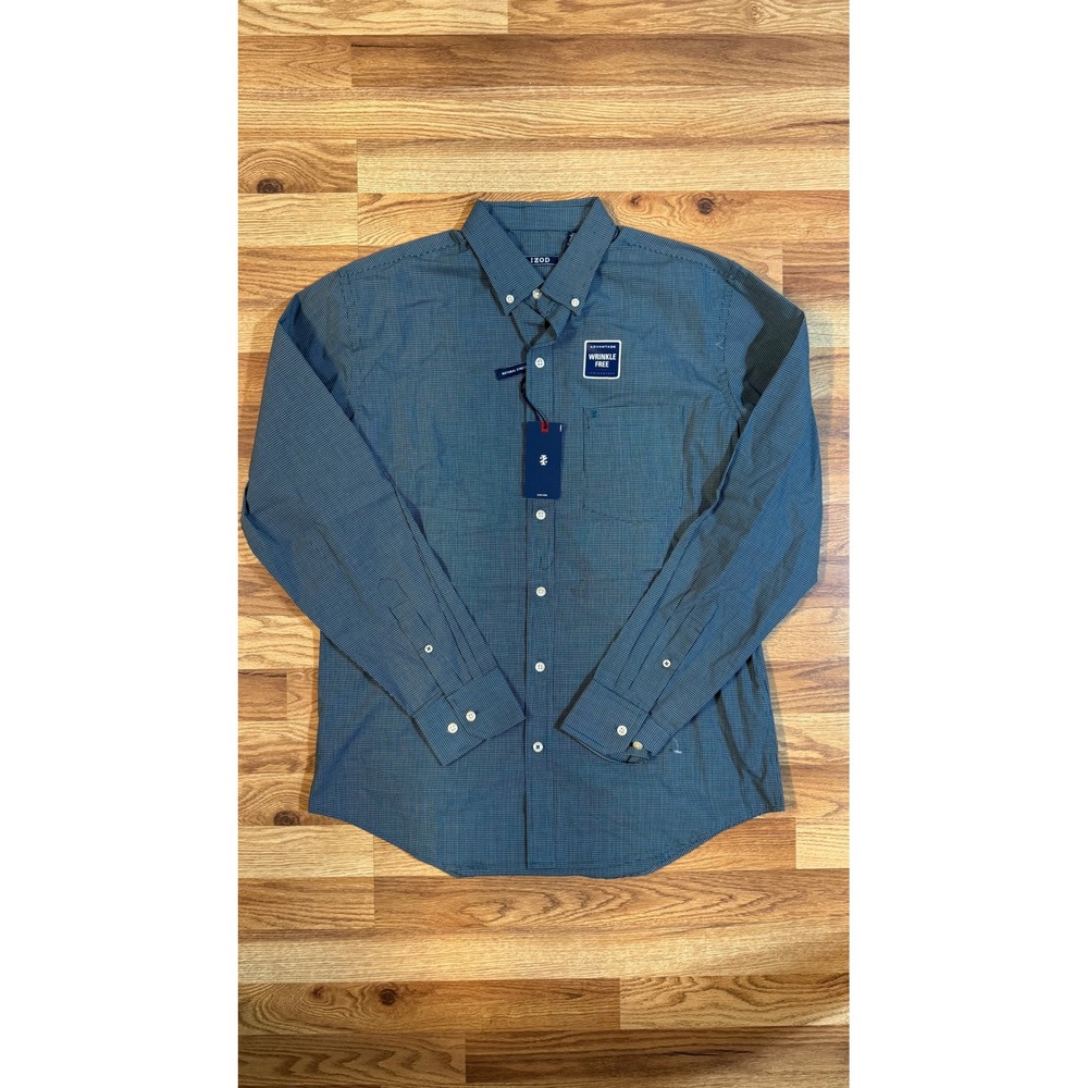 Izod Advantage Wrinkle Free Mens Long Sleeve Button Down Shirt Teal Check M